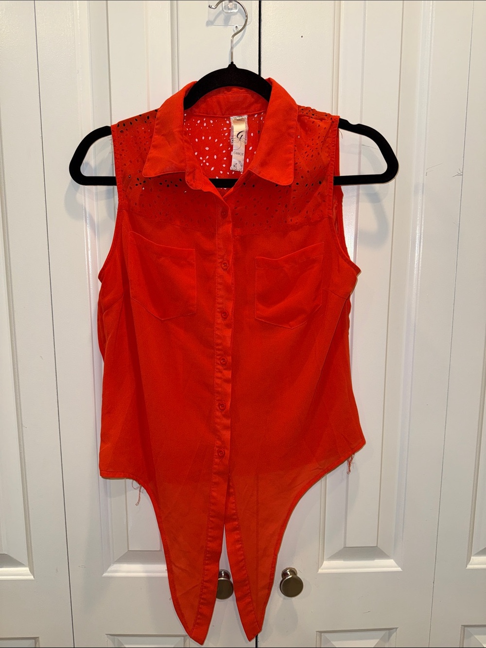 Sleeveless Red Eyelet-Trim Button Front Top